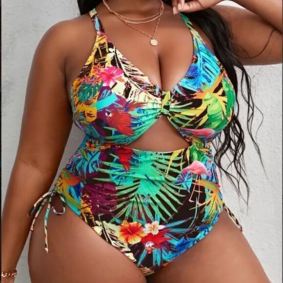 NEW! Bright and Beautiful Boho Tropical Print Cut Out Front One Piece Swimsuit - Picture 3 of 7